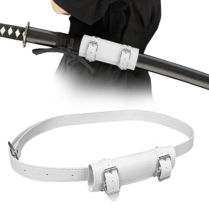 White Leather Sword Holder Belt – Adjustable Waist Belt with Frog Holster for Katana & Scabbard