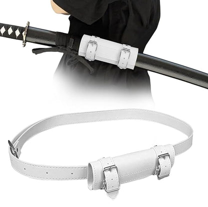 White Leather Sword Holder Belt – Adjustable Waist Belt with Frog Holster for Katana & Scabbard