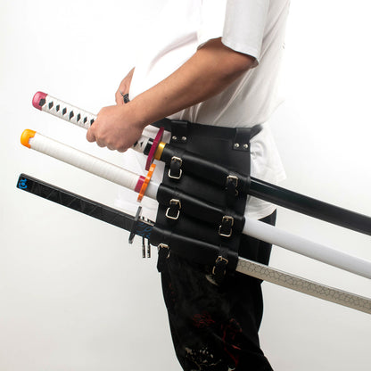 Black Katana Sword Holder Belt – Adjustable PU Leather Cosplay Waist Belt with Triple Strap Holster