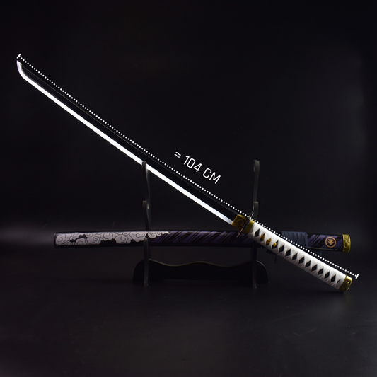 Jin Sakai Ghost of Tsushima LED Katana - full length on its stand with the blade lit, 104 cm