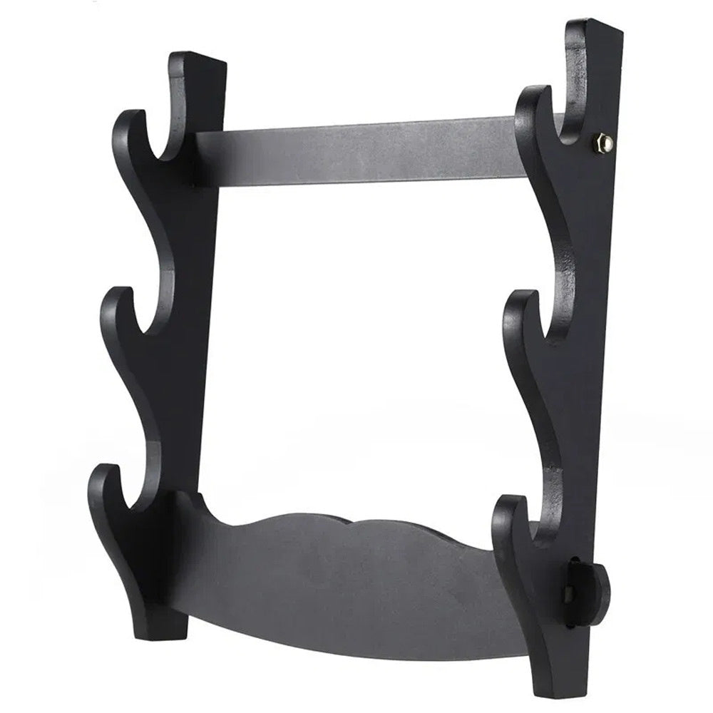 Wall Mount Katana Holder – Three Layer - assembled holder with three tiers of curved hooks, front angle