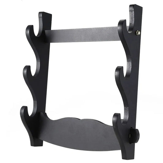 Wall Mount Katana Holder – Three Layer - assembled holder with three tiers of curved hooks, front angle